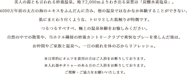 美人の湯とも言われる妙義温泉。地下2,000mよりわき出る泉質は「炭酸水素塩泉」。6000万年前の太古の海のエキスをふんだんに含み、他の温泉ではなかなか体験することができない、肌にまとわり付くような、トロリとした肌触りが特徴です。つるつるすべすべ、極上の温泉体験をお愉しみください。